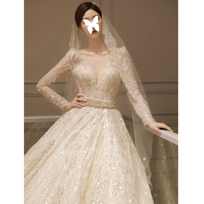 French light main wedding dress 2020 New temperament bride tailing Mori Super fairy dream long sleeve thick arm 2021