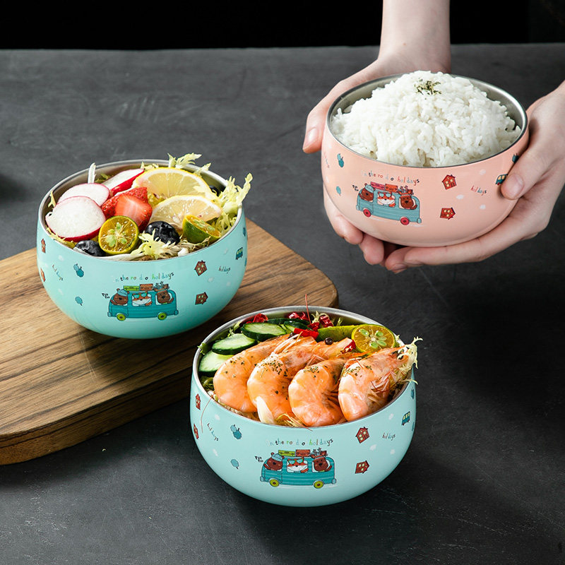 Day Style 316 Stainless Steel Bowls Creative Personality Home Double Layer Anti Burn Mesh Red Cutlery Children Eating Bowls Single Bowl