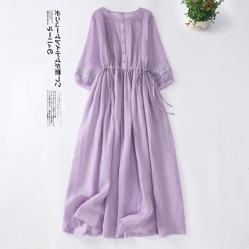 Purple Cotton and Linen Dress for Women, Summer Plus Size, Waist-Cinching, Tummy-Concealing, Slimming, French Style, Elegant Long Dress Purple Cotton and Linen Dress for Women, Summer Plus Size, Waist-Cinching, Tummy-Concealing, Slimming, French Style, Elegant Long Dress