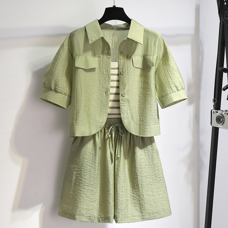 Ice Silk Striped Camisole Thin Chiffon Short-Sleeved Shirt Set for Women, Summer Plus Size, Slimming Shorts Three-Piece Set Ice Silk Striped Camisole Thin Chiffon Short-Sleeved Shirt Set for Women, Summer Plus Size, Slimming Shorts Three-Piece Set