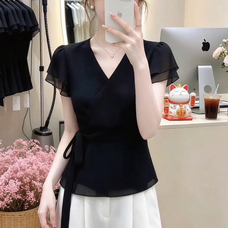 French-Style High-End Black Ruffled Chiffon Short-Sleeved Shirt for Women, Summer Plus Size, Tummy-Covering, Waist-Cinching, Irregular Top French-Style High-End Black Ruffled Chiffon Short-Sleeved Shirt for Women, Summer Plus Size, Tummy-Covering, Waist-Cinching, Irregular Top