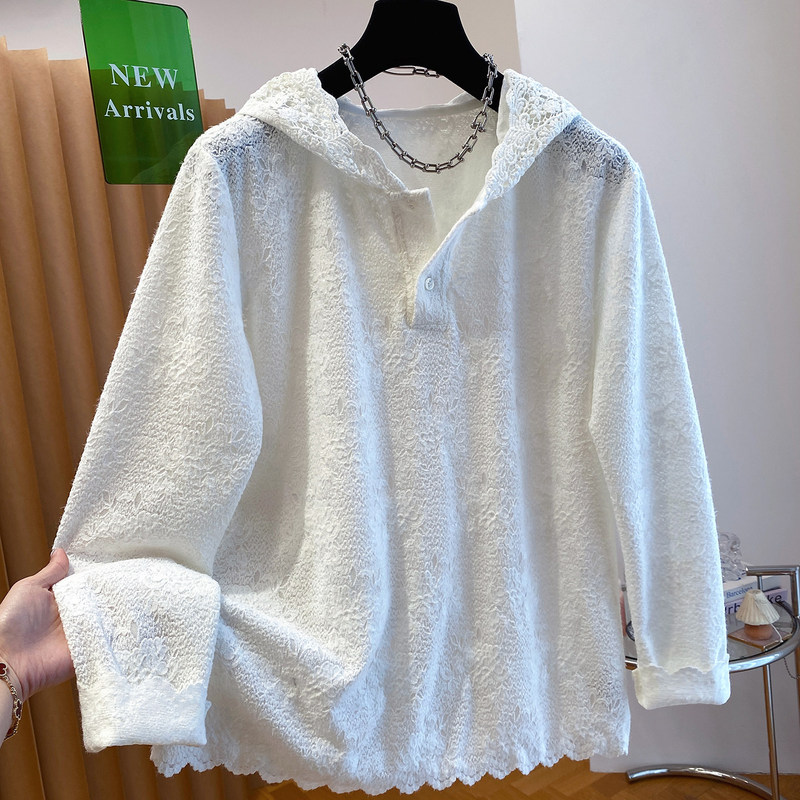 Long-Sleeve T-Shirt for Women 2026 Spring and Autumn New Style, Plus-Size Design with Unique Hollow-Out Hooded Lace Top