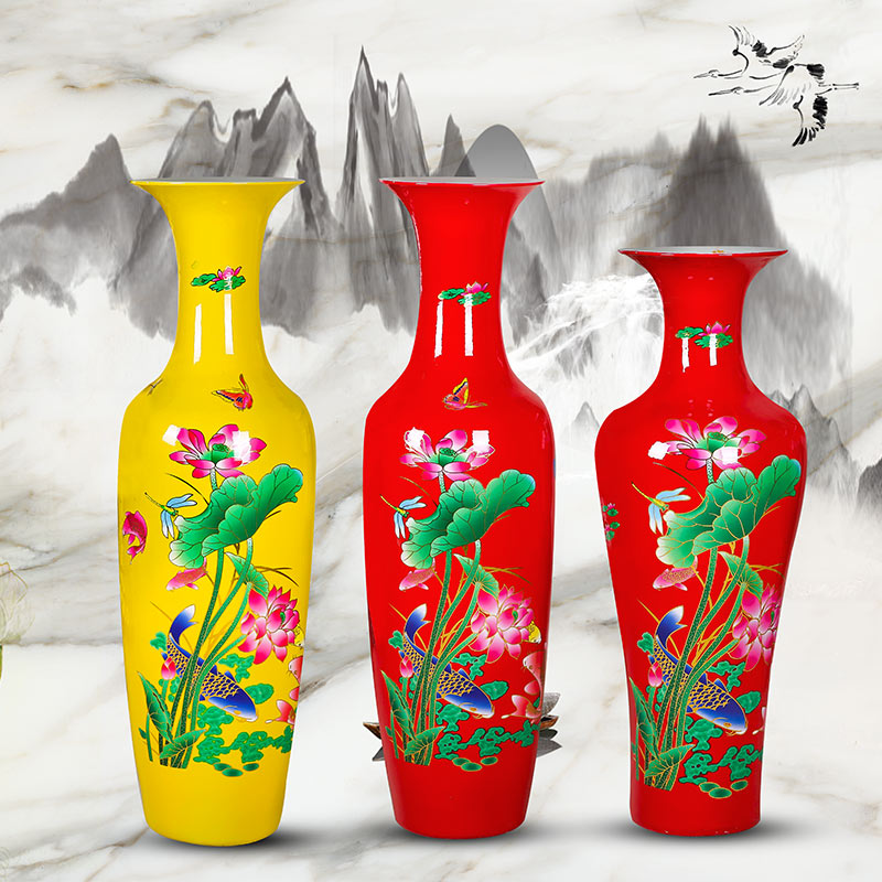 Jingdezhen ceramics floor-to-ceiling large vase hotel living room home decoration flower arrangement red and yellow lotus decoration