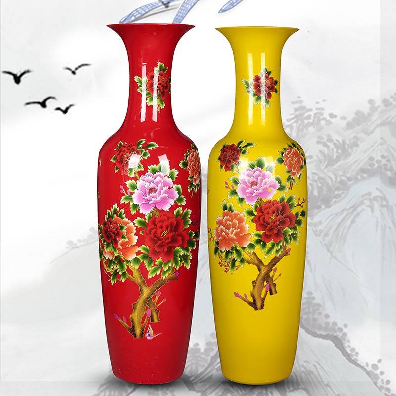Jingdezhen ceramic ware floor large vase red yellow peony Living room Hotel New house Decorative Pendulum decoration Soft Dress-Taobao