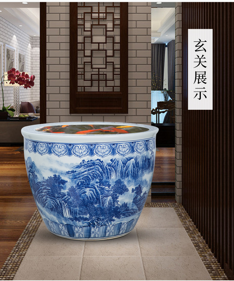 The Large blue and white porcelain of jingdezhen ceramics hand - made aquarium big flowers, potted garden decorative furnishing articles especially big fish bowl