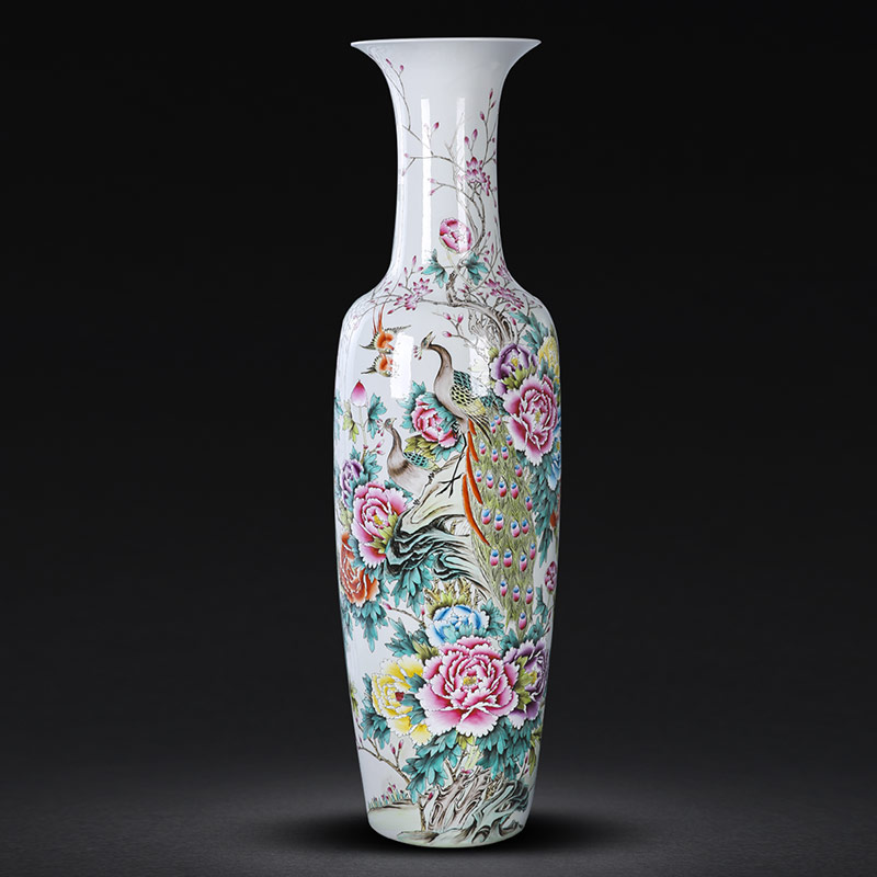 Jingdezhen ceramics powder enamel handpainted peacock feng shui furnishing articles of large vases, hotel home sitting room adornment