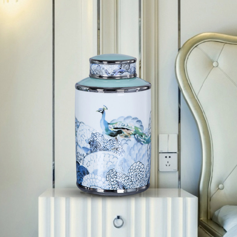 Jingdezhen new Chinese-style ceramic vase flower storage jar decoration candy jar entrance living room soft decoration peacock