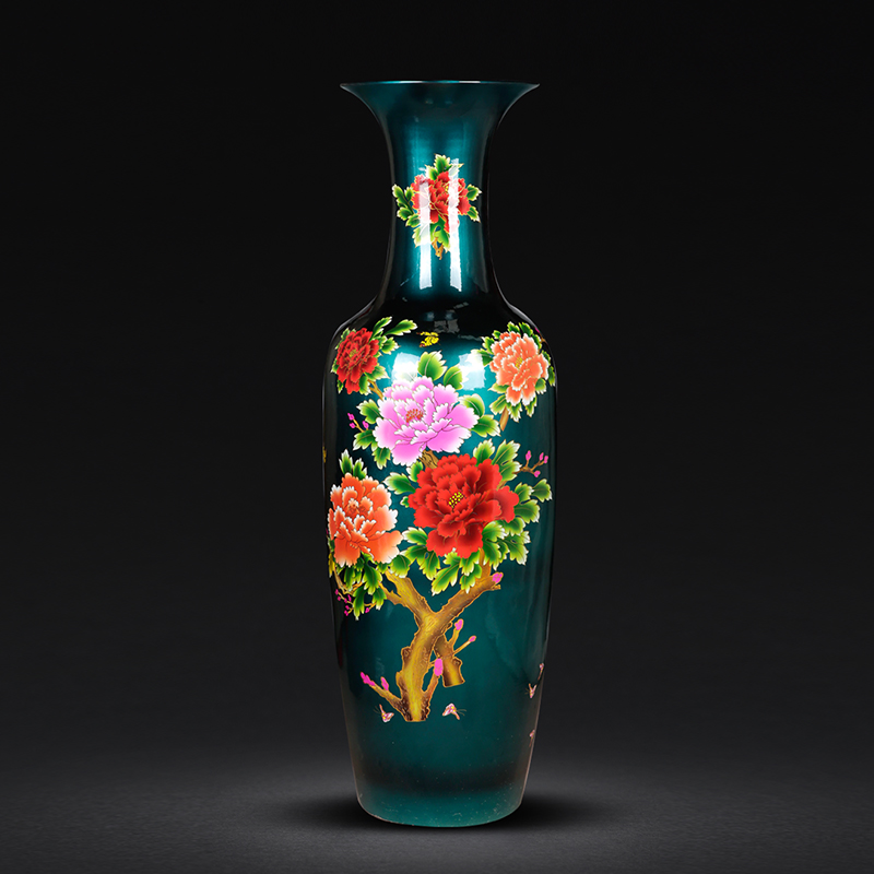 Jingdezhen ceramics of large vase furnishing articles green crystal glaze peony household hotel adornment feng shui living room