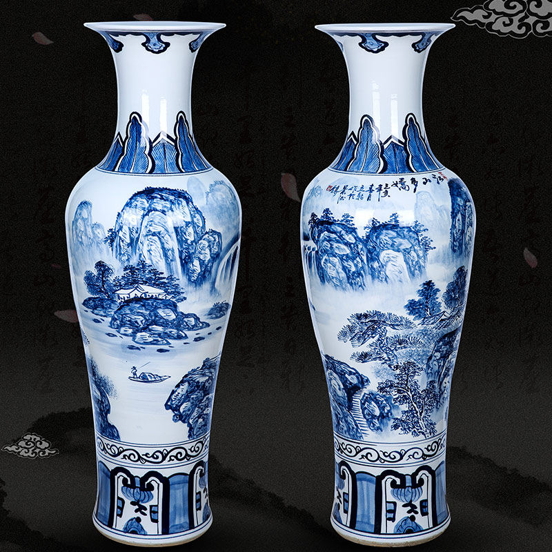 Jingdezhen pottery floor-to-ceiling large vase hand-painted antique blue and white landscape Jiangshan Duojiao living room hotel decoration