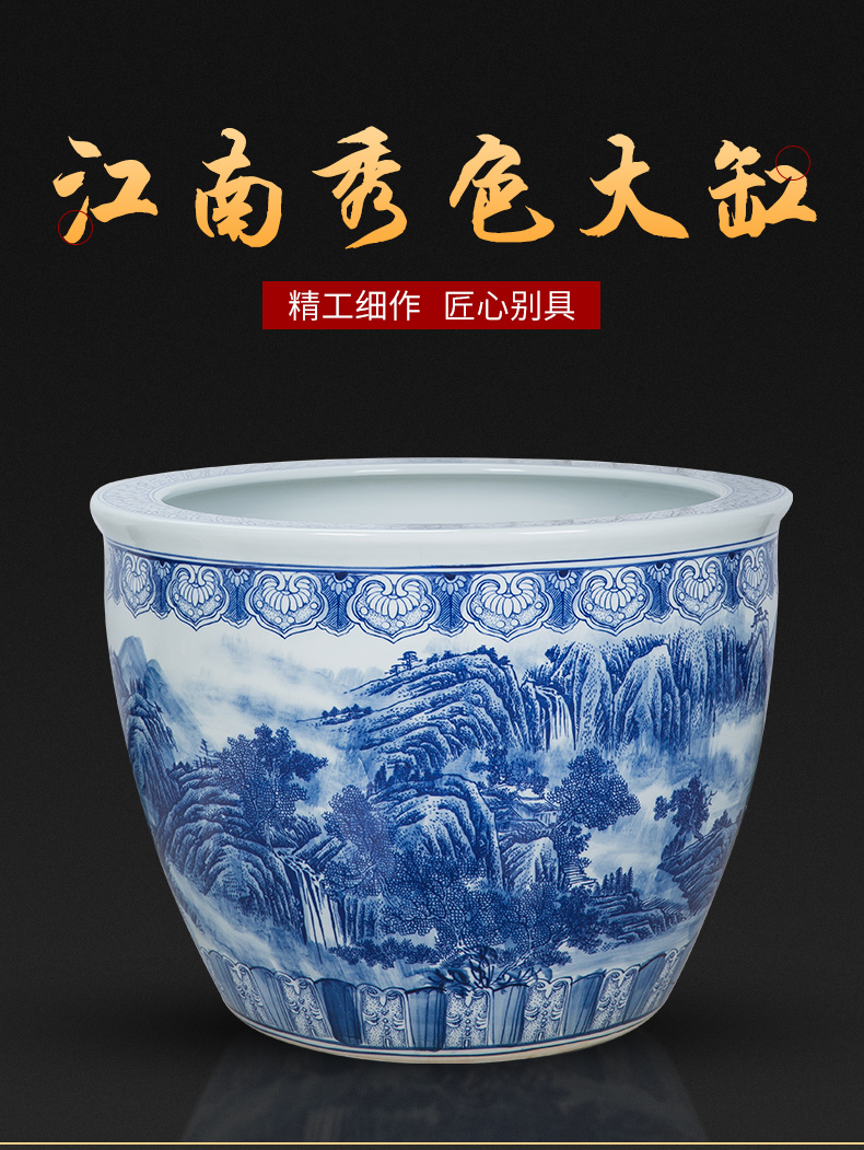 The Large blue and white porcelain of jingdezhen ceramics hand - made aquarium big flowers, potted garden decorative furnishing articles especially big fish bowl