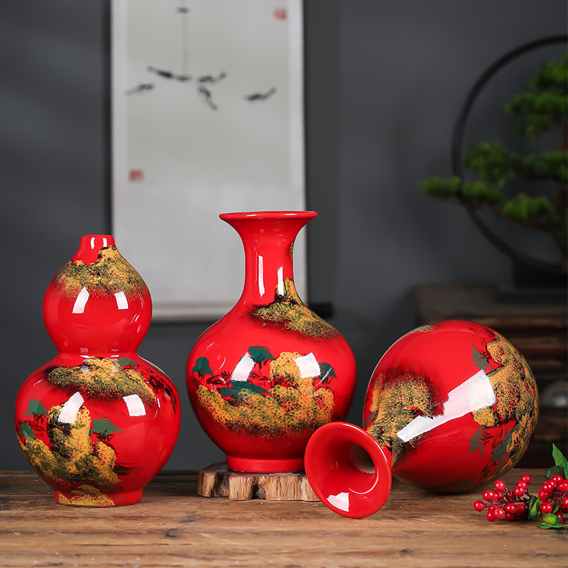 Jingdezhen ceramics China red hand - made scenery vase furnishing articles home sitting room desktop craft gifts