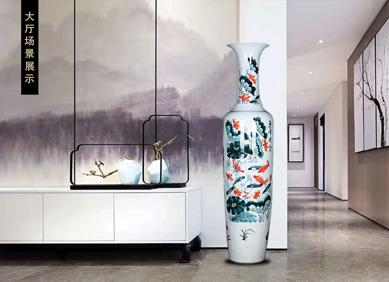 Jingdezhen ceramics fish landing big vase hand - made peony lotus sitting room adornment big furnishing articles hotel opening