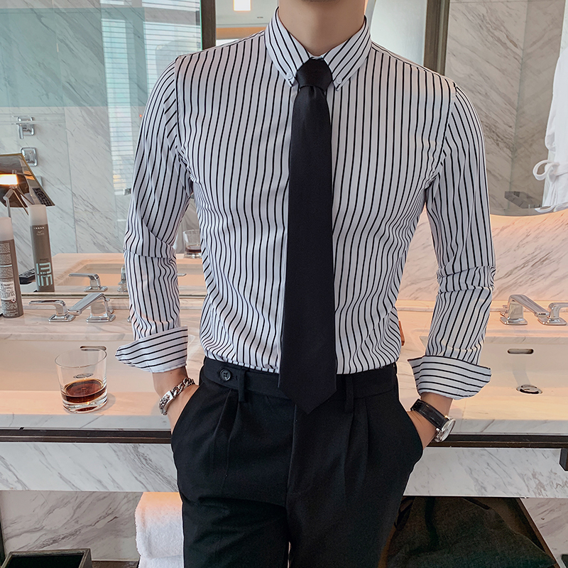 Spring and Autumn Men Strip Long-sleeved Shirt Han Edition to British Fairy Shirt Men's Hanghai Shirt