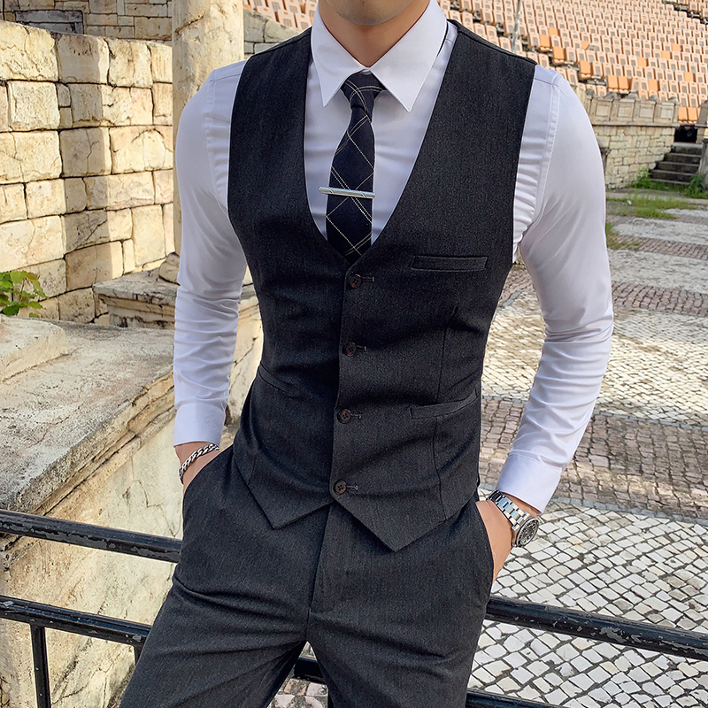 Spring and Autumn Suit Vest Suit Men's Business Trendy Korean Style Slim British Three-piece Suit Groom Wedding Dress