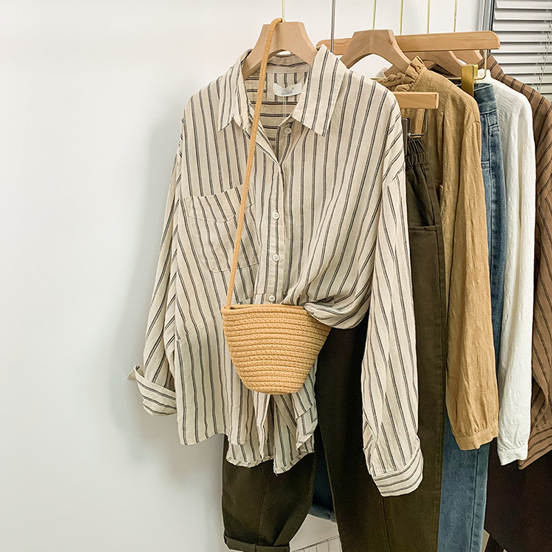 Striped Linen Shirt for Women, Spring and Autumn Style, Loose Fit, Slimming, Suitable for Work and Casual Wear, Polo Collar, Layered Linen Long-Sleeve Top