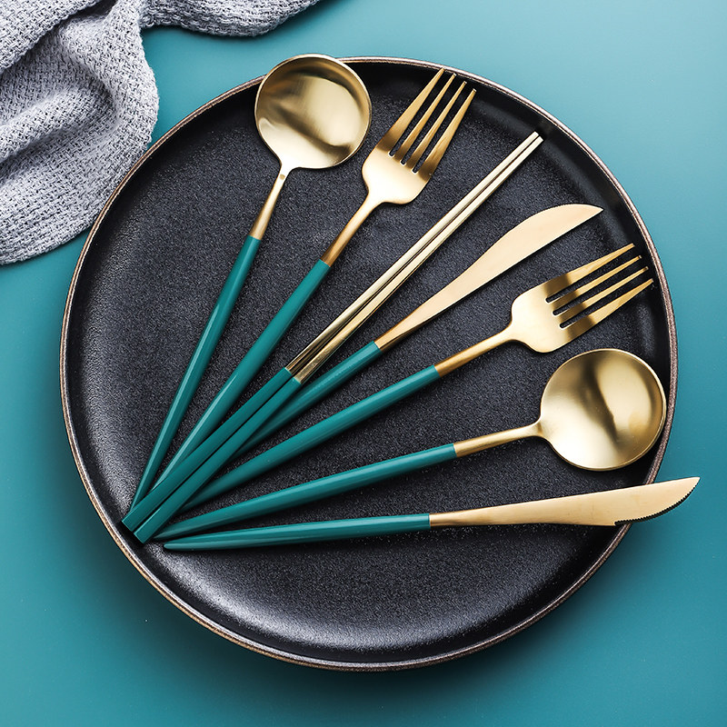 Nordic dark green steak western tableware stainless steel knife and fork plate set 304 household full set of European knife and fork spoon