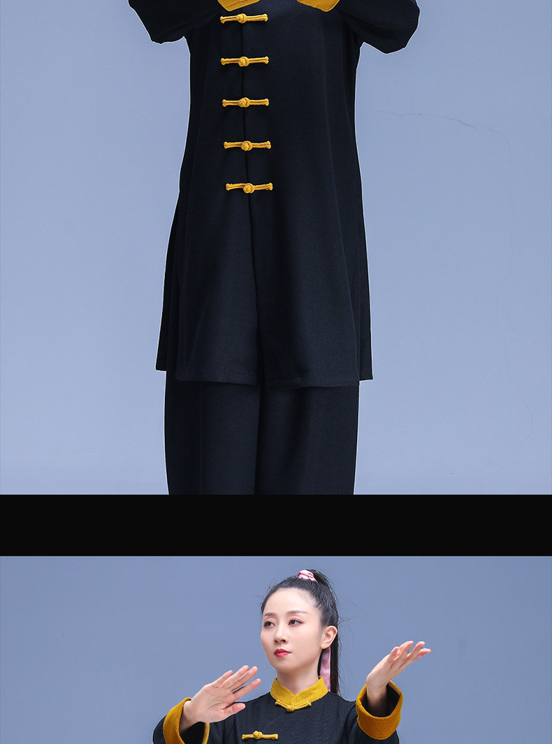 форма для Тай-Чи 延武堂春秋季新款太极服黑色长袖2023中式居家禅茶套装盘扣改良