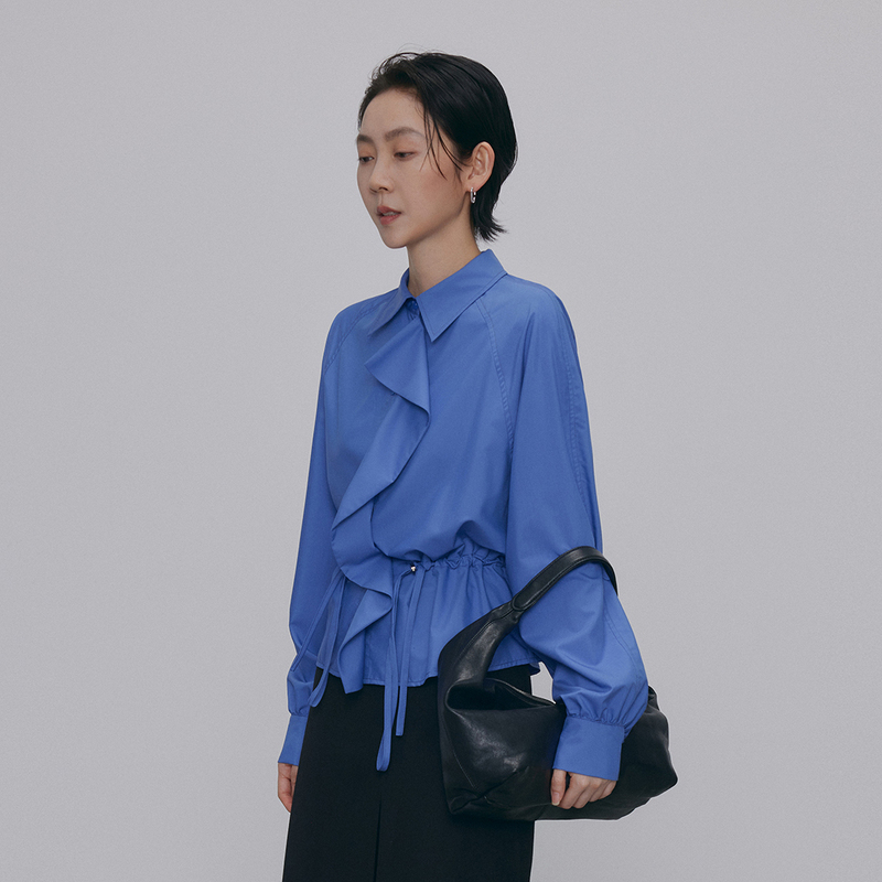 Jiang Qiaiqi Lapel Ruffle Single-Breasted Waist-Cinching Elegant Shirt 605532