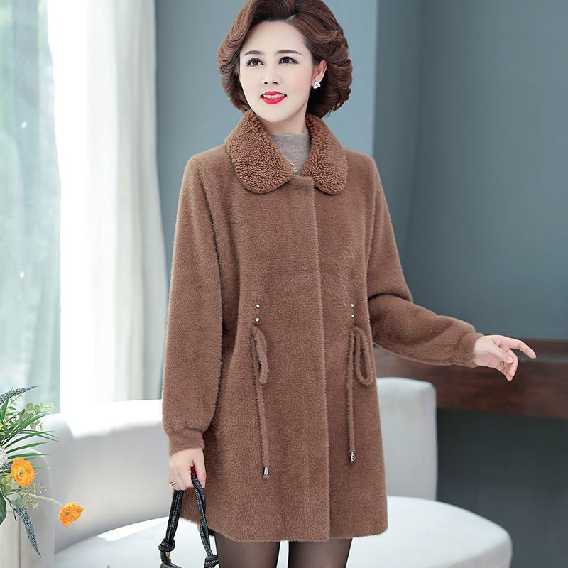 Warm middle-aged autumn and winter Western style medium-length mink velvet coat middle-aged women's mother thick woolen coat
