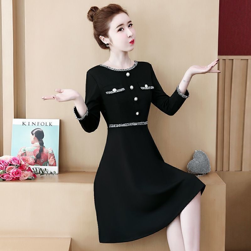 Large size women's clothing 2021 black new fat sister bottoming waist thin small fragrance fashion spring dress