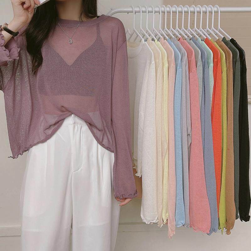 Summer Women's new loose Candy Color Long Sleeves T-Shirt Wood Ear Sunscreen Hooded Sweatshirt Red Round Collar Thin