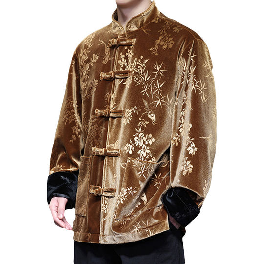 唐装男高级感黑色金丝绒夹克棉衣秋冬季中国风加棉加厚中山装外套