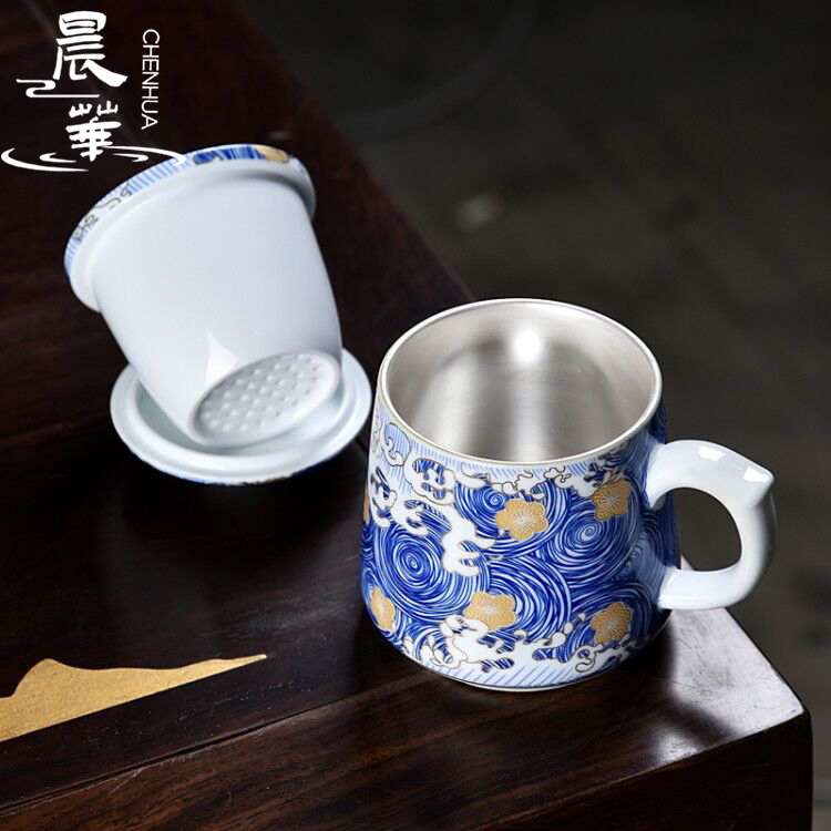 Silver Water Cup 999 Pure Silver Enamel Ceramic Water Cup Tea Separation Cup Personal Office Tea Cup with Lid Large Capacity