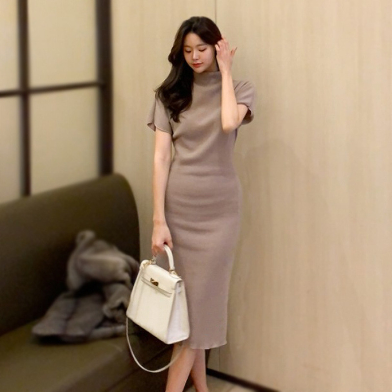 Cross-Border 2025 Autumn and Winter Knitted Sweater Dress, Elegant and Stylish, Half-High Collar, Slim-Fitting, Hip-Hugging, Feminine Base Dress