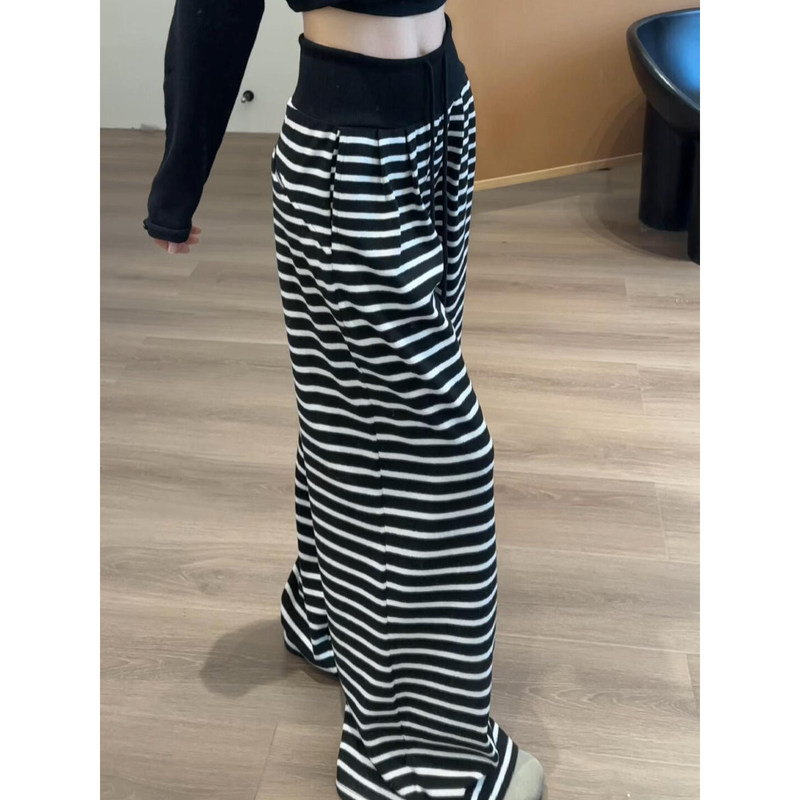 Loose Fit Striped Wide-Leg Pants for Women, Spring and Autumn, Plus Size, High-Waisted, Slimming, Relaxed Style