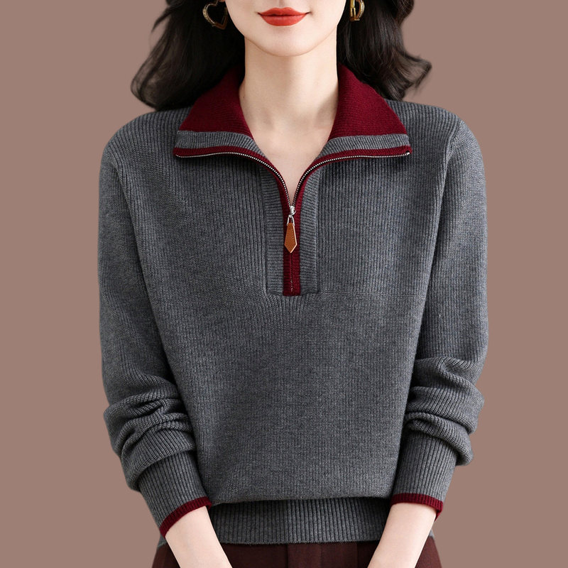 New Autumn and Winter Half-Zip Lapel Knitted Sweater for Women, Thickened Inner Layer, Loose Fit, Tummy-Concealing, Slimming Base Shirt New Autumn and Winter Half-Zip Lapel Knitted Sweater for Women, Thickened Inner Layer, Loose Fit, Tummy-Concealing, Slimming Base Shirt