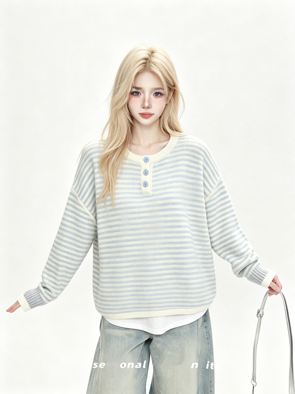 New Early Autumn Lazy-Style Blue Striped Color-Block Knit Sweater, Loose Sweater for Women in College Style for Autumn Wear