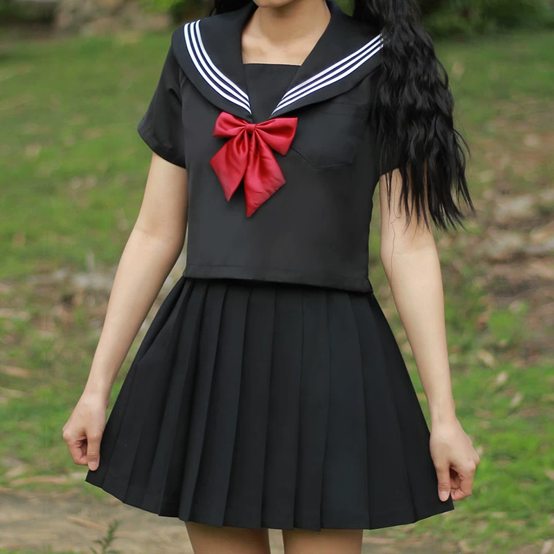 Подлинная базовая школьная pleated юбка, летняя школьная форма для учащихся, черный комплект