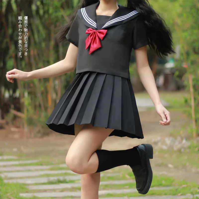 Подлинная базовая школьная pleated юбка, летняя школьная форма для учащихся, черный комплект