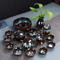Tea set set Household simple Tianmu glaze Jianzhan ceramic set Jun Kiln cover bowl Teapot Tea kiln becomes Kung Fu tea set