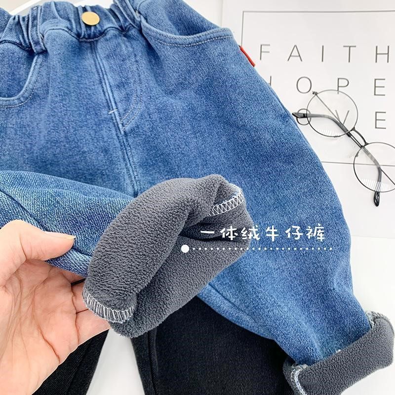Boy plus jeans autumn and winter new children thicken one-body trousers baby baby winter gas trousers