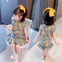  Girls cheongsam dress 2021 new Hanfu childrens costume clothes female baby floral little princess skirt summer