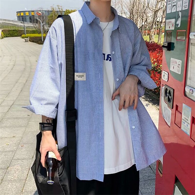Striped Shirt Short Sleeve Male Korean Version Trend 2021 Summer Casual Handsome Air Port Wind Loose 70% Sleeve Shirt Jacket