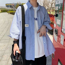 Striped Shirt Short Sleeve Male Korean Version Trend 2021 Summer Casual Handsome Air Port Wind Loose 70% Sleeve Shirt Jacket