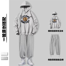 Spring and autumn season new Lianhood Mens student Han edition Relaxed Harbor Wind and Cartoon Printed Lovers Clothing set