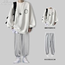 Round Collar Guard Clothing Mens Chains Smiley Face Harbor Wind Boys Clothes Fall Mens Outfit set with a handsome suit