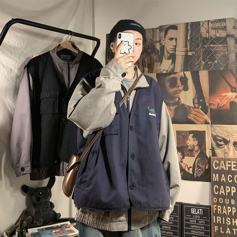 Fake Two Coats Men's Fall Port Wind Korea Version Loose Retro Bf Lovers Tooling Jackets and Tide Casual