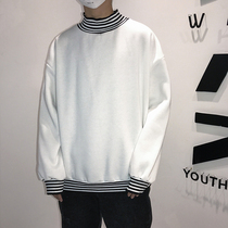 Spring Autumn Season New Port Wind Long Sleeve Head Striped Round Neckline Plus Velvet Clothing Men Loose Korean version Fake Two Coats Tide