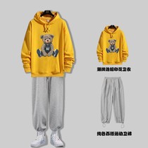 (two sets) small bear round collar sweatshirt suit mens autumn winter 100 hitch a big code easing trend even cap lagoon men