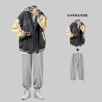 Fall Port Wind Embroidery Jacket Male Student Korean Version Loose Ins couple 100 lap hat jacket lap pants set