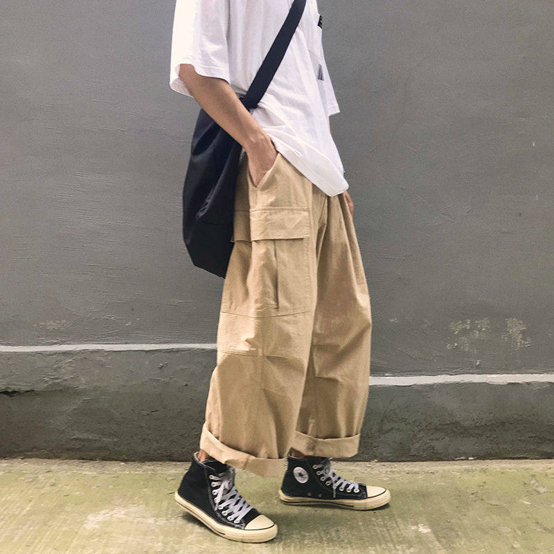 Ami khaki ins tide brand overalls Japanese style Hong Kong style street trend loose straight casual pants wide leg pants men
