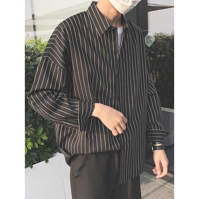 Port Wind Art Men's Clothing Spring Summer Chic Korean Version Vertical Stripe Loose Shirt Student Long Sleeve Black Shirt Jacket Tide