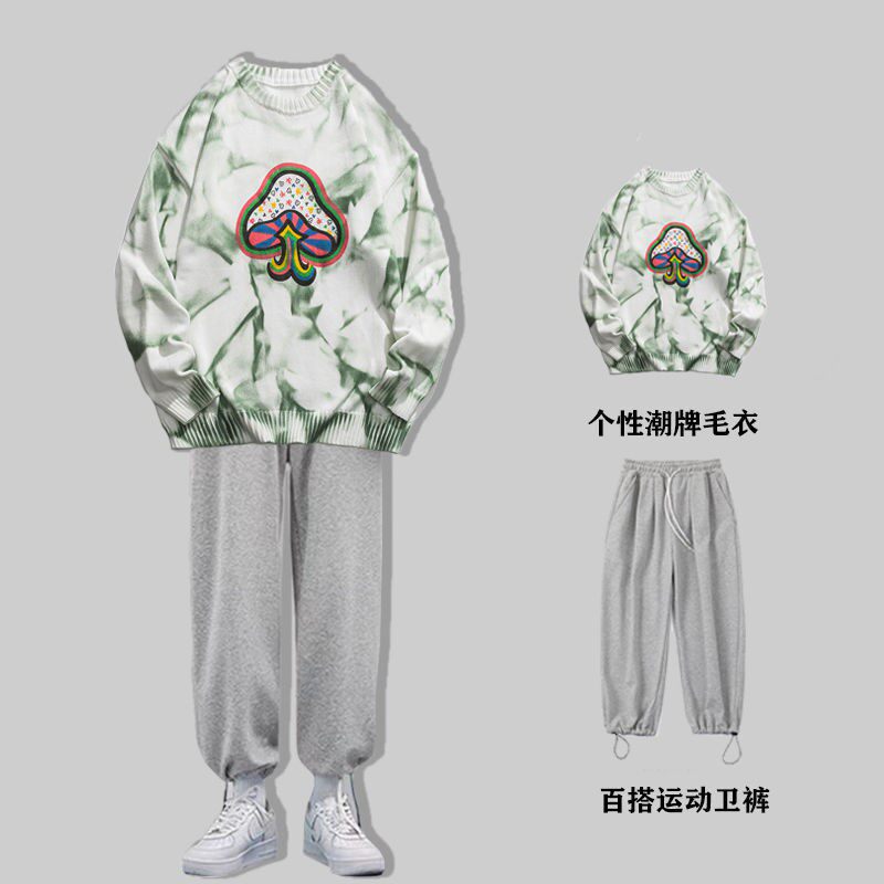Personality Zdyeing needle weaselwear Men's 2021 autumn Winter New Lazy Wind Lovers Round collar sweater Casual Pants Set
