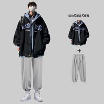 Fall New Fake Two Jackets Jacket Man Handsome Gas Bf Harbour Wind Two Sets Matching Tidal Card Loose Casual Suit