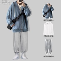 Spring and autumn cardio-sweatshirt mens casual sports jacket trendy loose set with matching hat jacket handsome suit