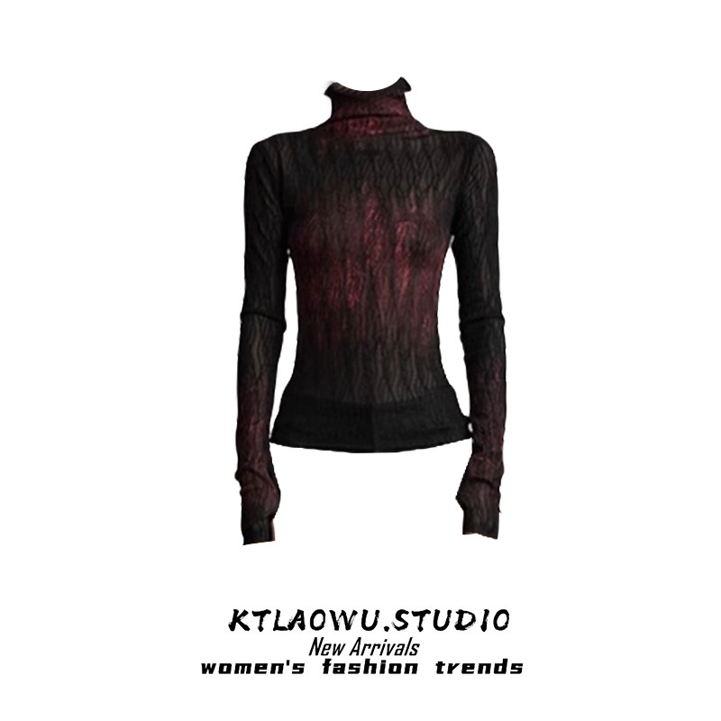 Halloween Outfit: Dark Gothic Hand-Painted Gradient Vein Color Lace Base T-Shirt Long-Sleeved Top for Women, Autumn Thin Style